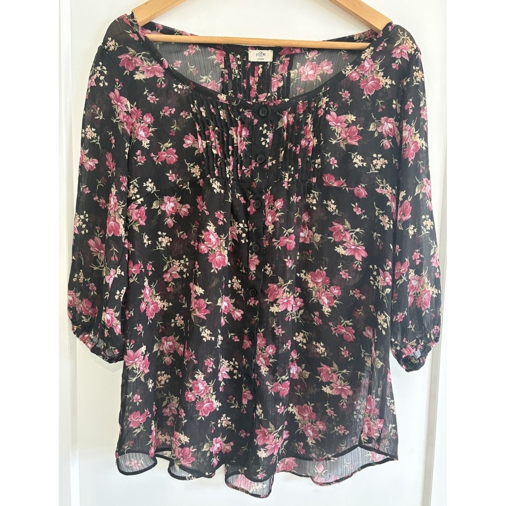 yde Sheer Black Pink Floral Blouse M Medium Boho Pleated Button Chiffon Y2K Top